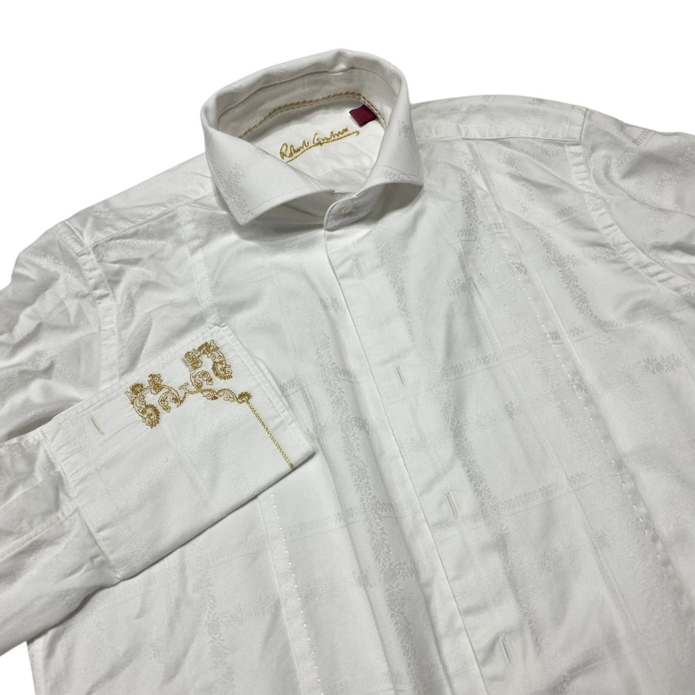 Robert Graham Dress Shirt Mens 15.5 M White Jacquard Gold Embroidery Long Sleeve